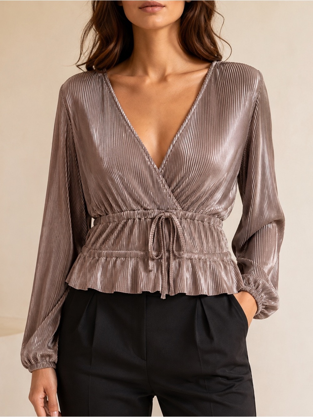 Zara Pleated Satin Wrap Peplum Party Blouse Taupe Size L